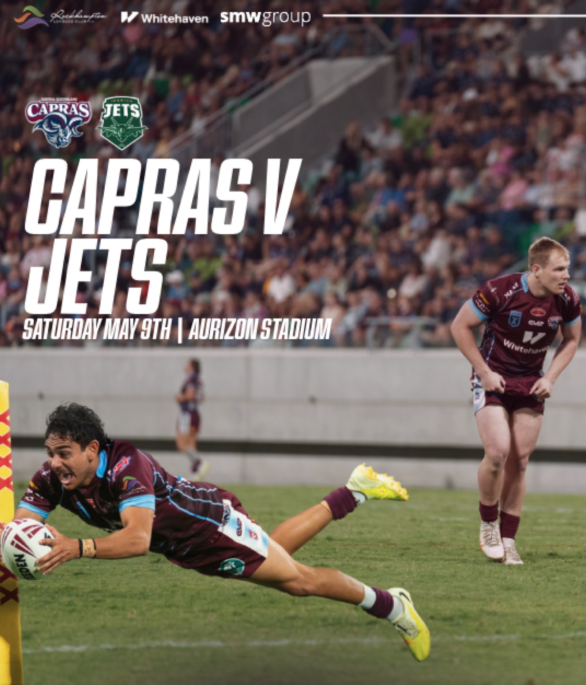Capras v Jets matchday poster, Saturday May 9th at Aurizon Stadium